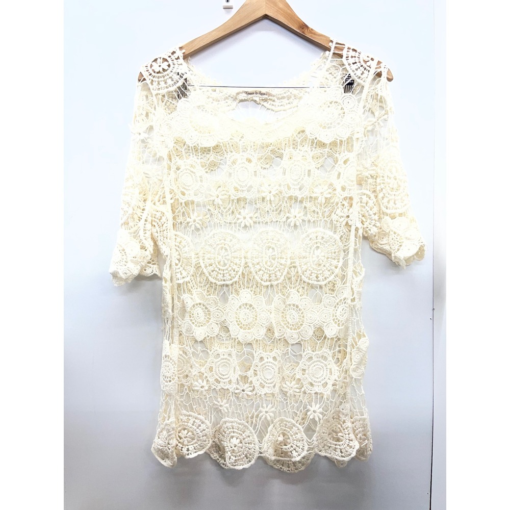 Grace & Lace Cream Floral Crochet Lace Short Sleeve Top XL Boho Sheer Ivory